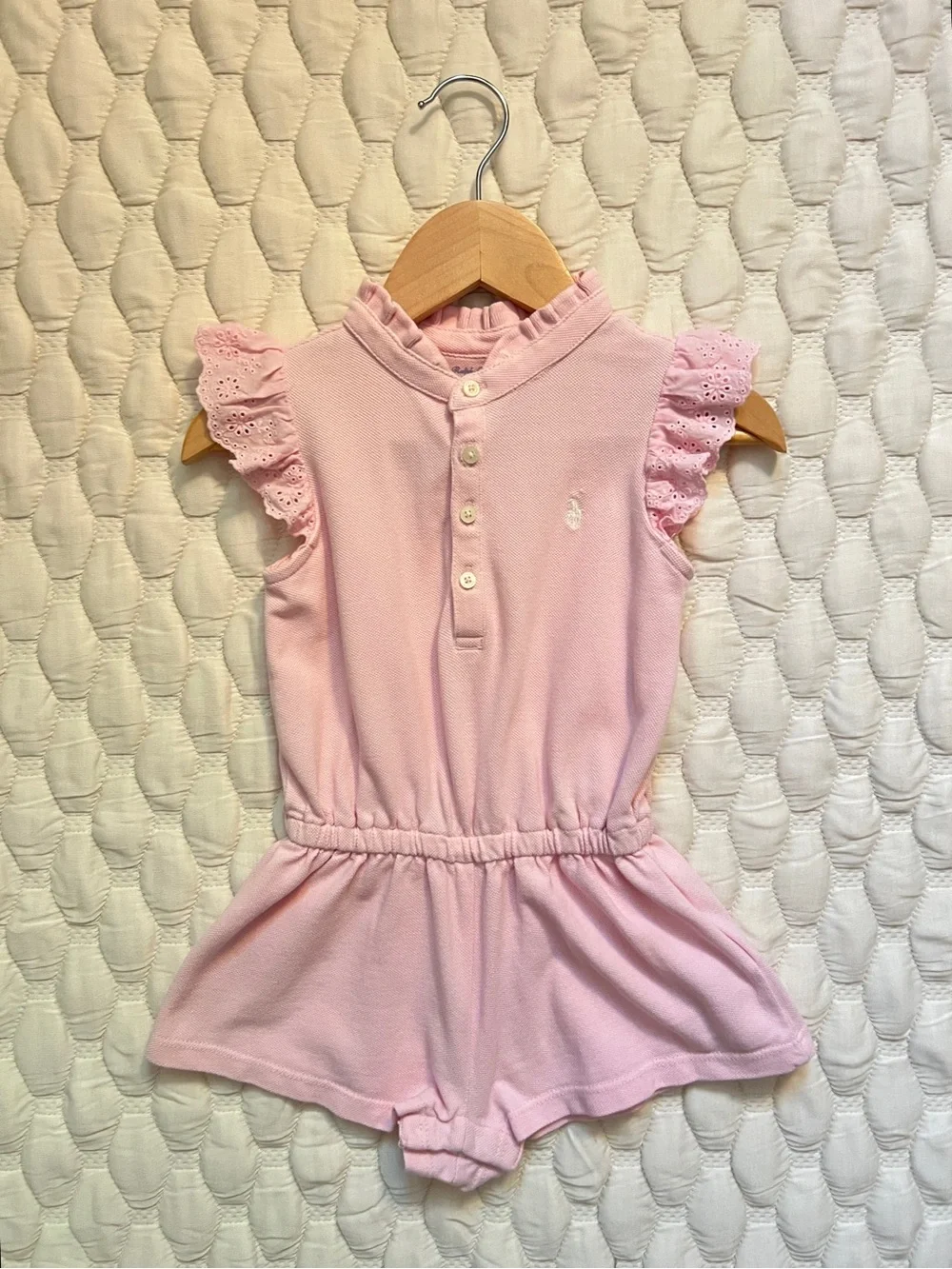 Ralph Lauren Baby Girl Pink Eyelet Ruffle Sleeve Romper 18M Cotton Pique